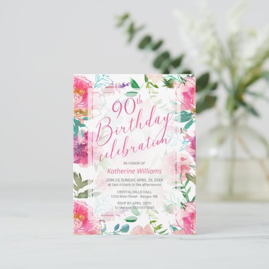 Any Age熱帯フローラピンク牡丹90誕生日 インビテーションポストカード (スタンド正面)