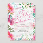 Any Age熱帯フローラピンク牡丹90誕生日 招待状 (正面/裏面)