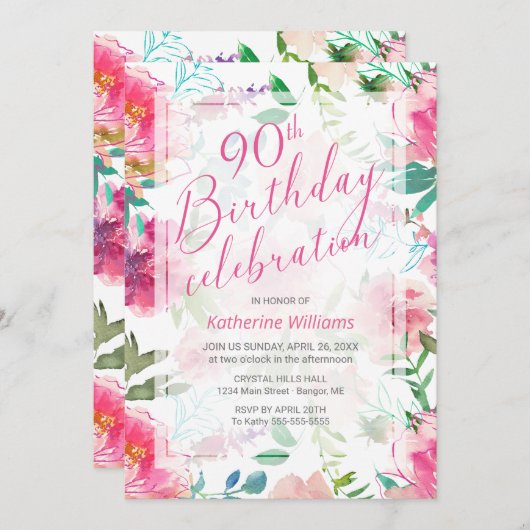 Any Age熱帯フローラピンク牡丹90誕生日 招待状 (正面/裏面)