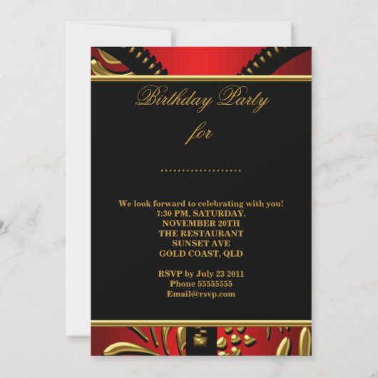 Any Age素晴らしい赤王室の金ゴールドブラック誕生日 招待状 (裏面)
