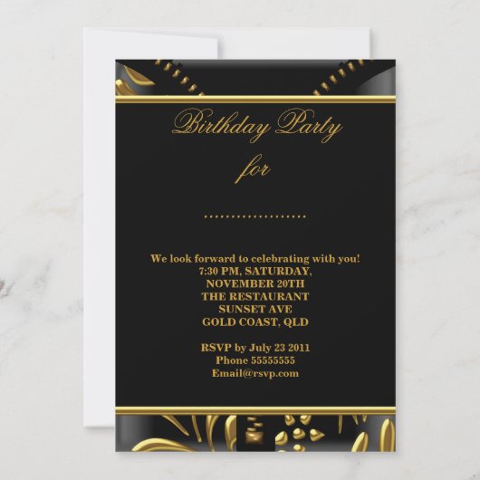 Any Age素晴らしい金ゴールドブラックコルセット誕生日パーティー 招待状 (裏面)