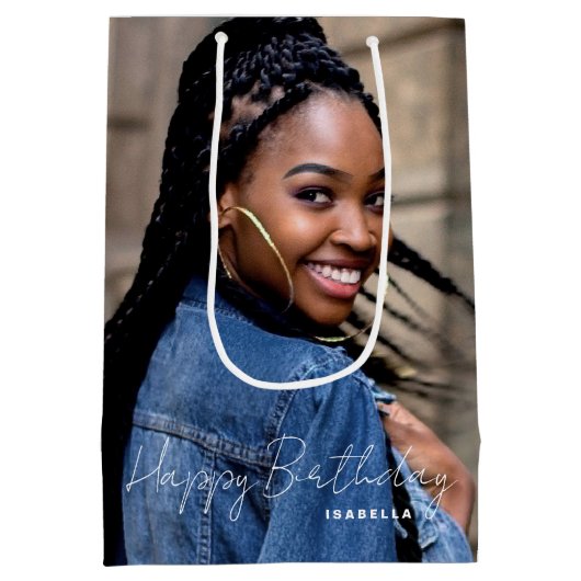 Any Age誕生日トレンディーパーソナライズされた写真中 ミディアムペーパーバッグ (裏面)