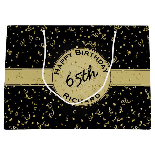 Any Age誕生日-黒/金ゴールドパーティーテーマ ラージペーパーバッグ (正面)