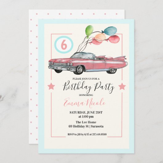 ANY AGE – カーガールバースデーパーティー 招待状 (正面/裏面)
