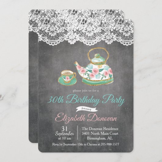 ANY AGE – ティーパーティーフローラ誕生日招待状 招待状 (正面/裏面)