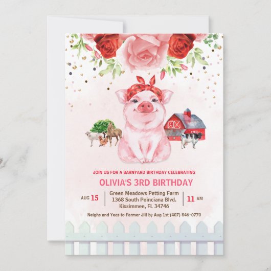 ANY AGE – ファームアニマル納屋周囲の庭誕生日招待状 招待状 (正面)