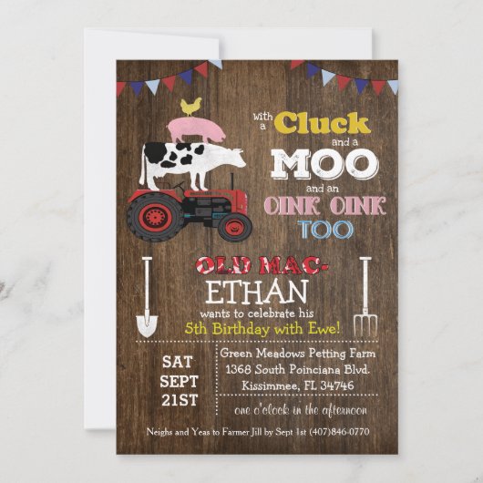 ANY AGE – ファームアニマル納屋周囲の庭誕生日招待状 招待状 (正面)