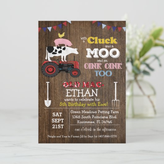 ANY AGE – ファームアニマル納屋周囲の庭誕生日招待状 招待状 (スタンド正面)