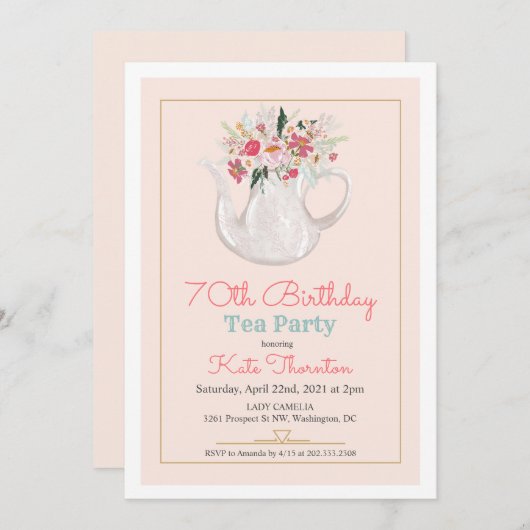 ANY AGE -フローラティーポット茶パーティー誕生日 招待状 (正面/裏面)