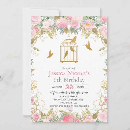 ANY AGE -フローラバードケージガール誕生日招待状 招待状 (正面)