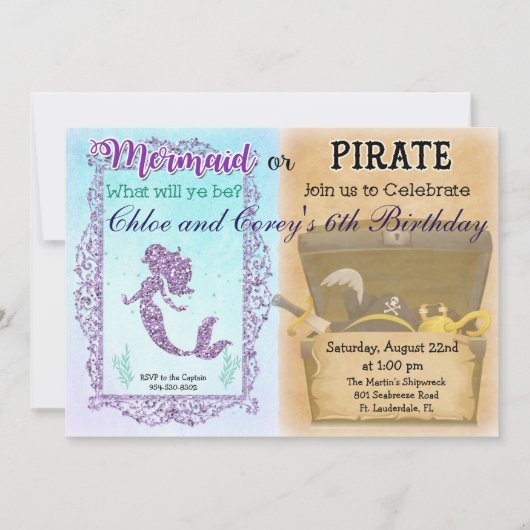 ANY AGE – マーメイドまたは海賊誕生日招待状 招待状 (正面)