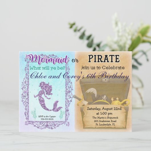 ANY AGE – マーメイドまたは海賊誕生日招待状 招待状 (スタンド正面)
