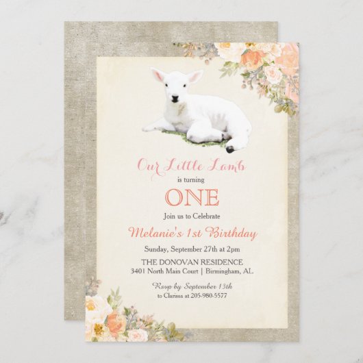 ANY AGE – リトルラム誕生日招待状 招待状 (正面/裏面)