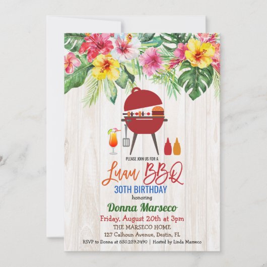 ANY AGE -ルアウ（ハワイ式宴会）BBQトロピカル誕生日招待状 招待状 (正面)