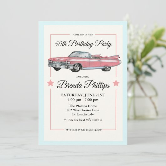 ANY AGE -ヴィンテージピンクカー誕生日パーティー 招待状 (スタンド正面)