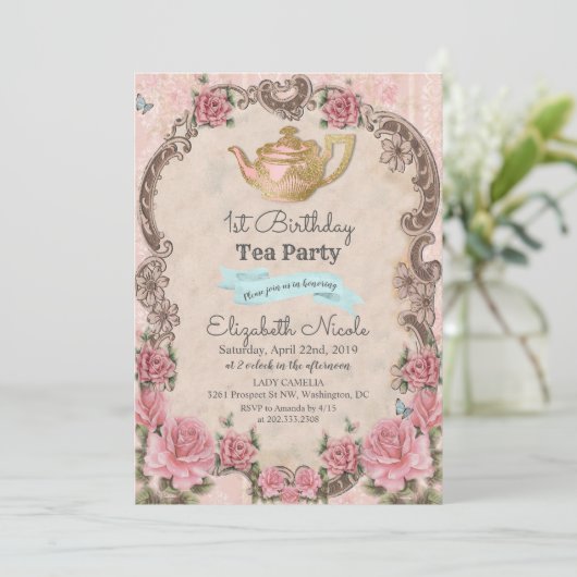 ANY AGE -ヴィンテージフローラティー誕生日招待状 招待状 (スタンド正面)