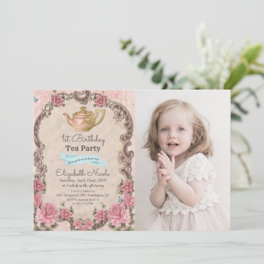 ANY AGE -ヴィンテージフローラティー誕生日招待状 招待状 (スタンド正面)