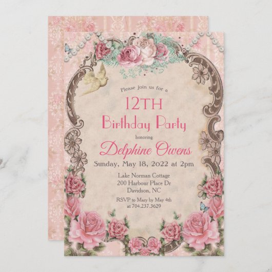 ANY AGE -ヴィンテージフローラ誕生日招待状 招待状 (正面/裏面)