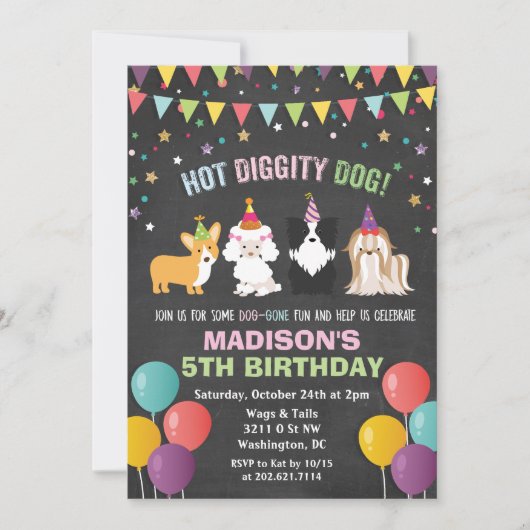 ANY AGE – 犬の子犬の誕生日チョーク招待状 招待状 (正面)