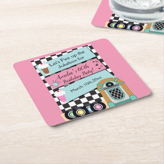 Any Age, 1950年代のダイナー誕生日招待状 スクエアペーパーコースター (アングル)