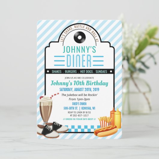 ANY AGE - 1950年代のレトロダイナー誕生日招待状 招待状 (スタンド正面)