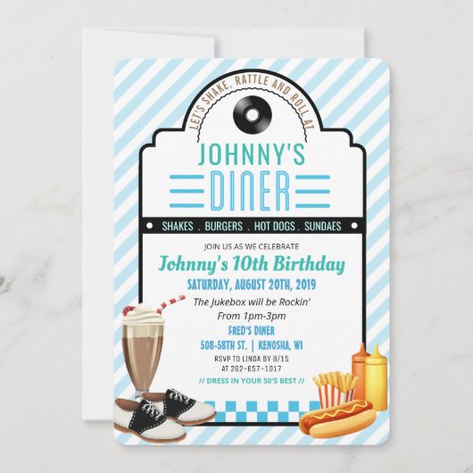 ANY AGE - 1950年代のレトロダイナー誕生日招待状 招待状 (正面)