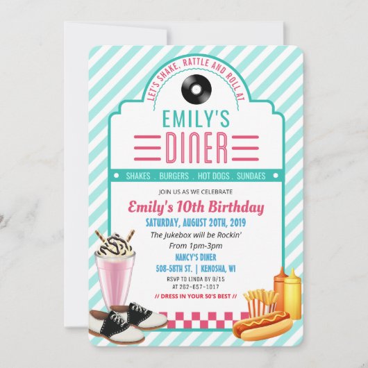 ANY AGE - 1950年代のレトロダイナー誕生日招待状 招待状 (正面)