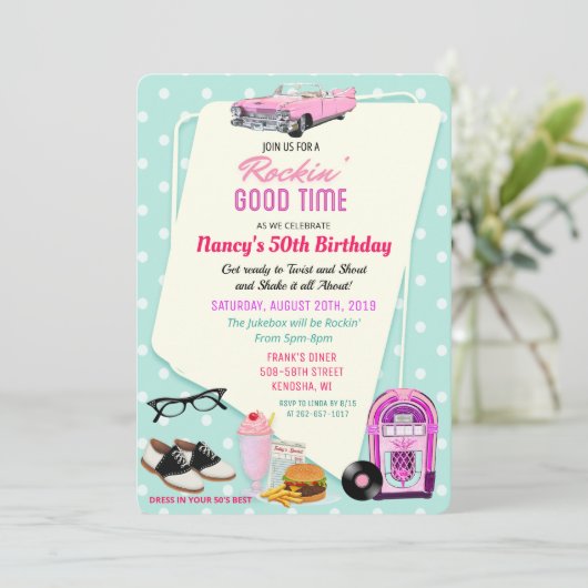 ANY AGE - 1950年代のレトロダイナー誕生日招待状 招待状 (スタンド正面)