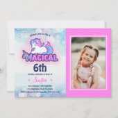 Any Age 6th Pink Purple Unicornフォト誕生日 招待状 (正面)