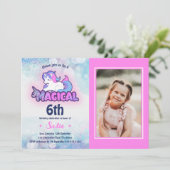 Any Age 6th Pink Purple Unicornフォト誕生日 招待状 (スタンド正面)