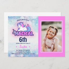 Any Age 6th Pink Purple Unicornフォト誕生日 招待状
