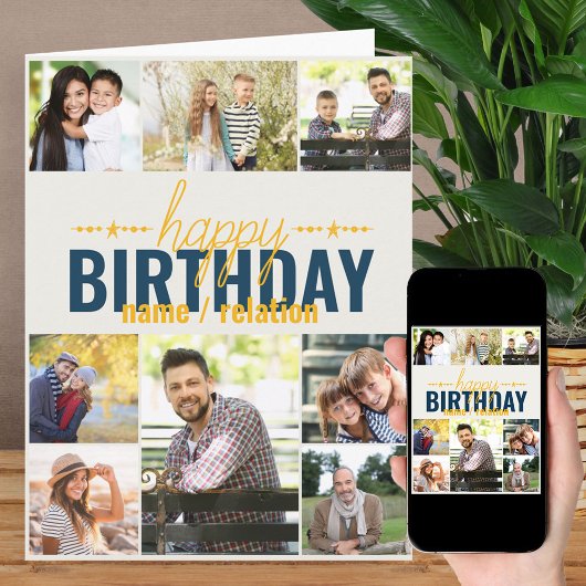 Any Age 8 Photo Collage Blueパーソナライズされた誕生日 カード
