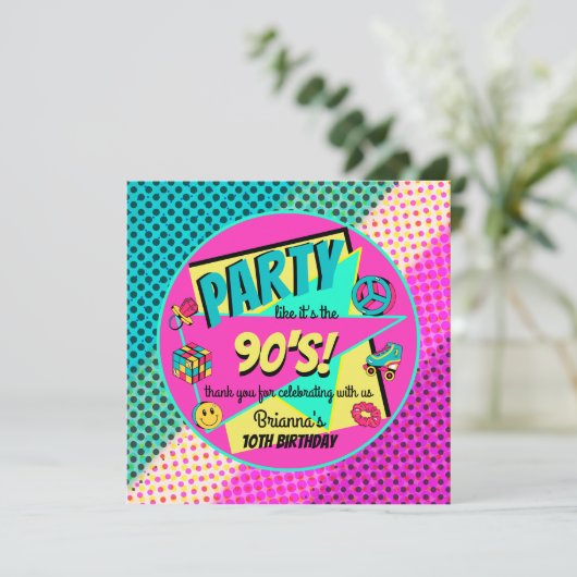 ANY AGE 90のレトロな誕生日パーティーのネオンレインボー サンキューカード (スタンド正面)