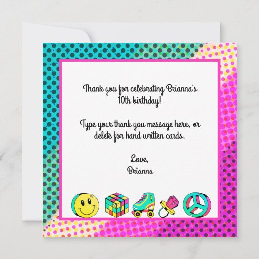 ANY AGE 90のレトロな誕生日パーティーのネオンレインボー サンキューカード (裏面)