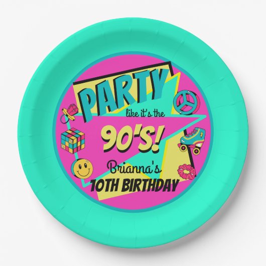 ANY AGE 90'sパーティーアクアピンクティール（緑がかった色） パーソナライズされた ペーパープレート (正面)