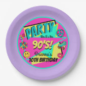 ANY AGE 90'sパーティー紫ピンクティール（緑がかった色） パーソナライズされた ペーパープレート (正面)