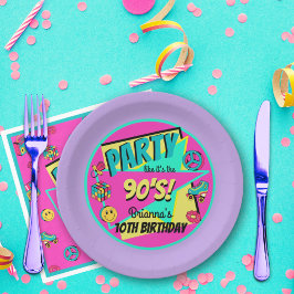 ANY AGE 90'sパーティー紫ピンクティール（緑がかった色） パーソナライズされた ペーパープレート