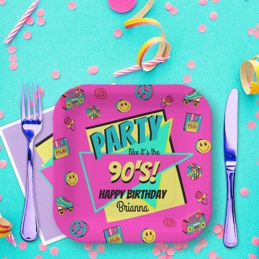 ANY AGE 90sレトロ誕生日パーティーピンクパーソナライズされた ペーパープレート