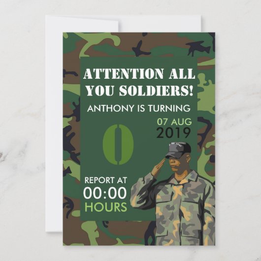 Any age Armyをテーマにしたパーティー誕生日招待状 招待状 (正面)