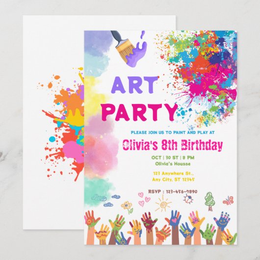 ANY AGE Art Party Paint Party Birthday 招待状 (正面/裏面)