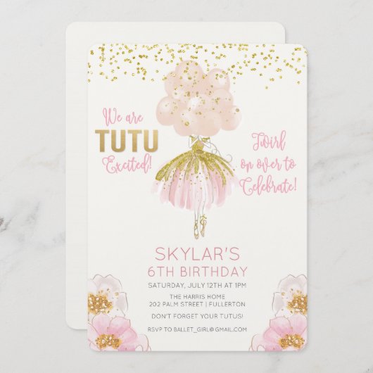 ANY AGE - Ballerinaバレエ誕生日招待状 招待状 (正面/裏面)