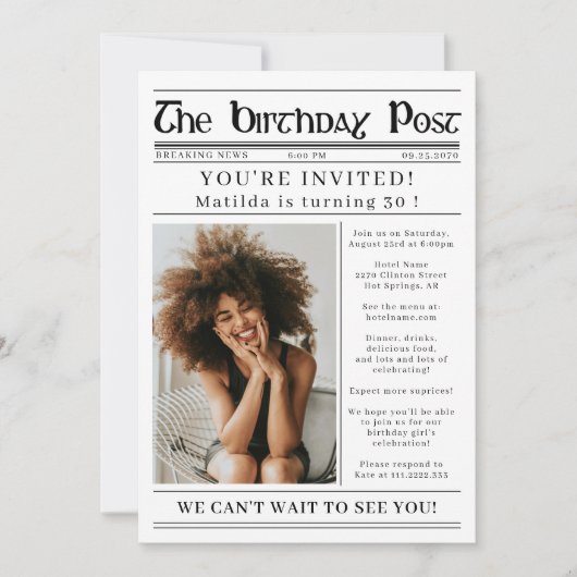 Any Age Birthday Newspaper Custom Photo 招待状 (正面)