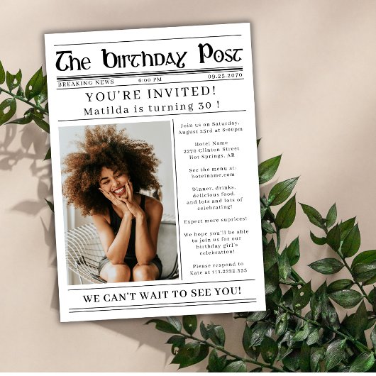 Any Age Birthday Newspaper Custom Photo  招待状