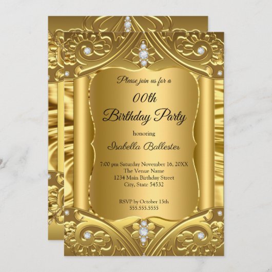 Any Age Birthday Party金ゴールドダイヤモンド画像 招待状 (正面/裏面)