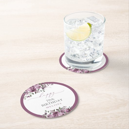 Any Age Birthday Party エレガント Purpleバラ ラウンドペーパーコースター (インサイチュ)