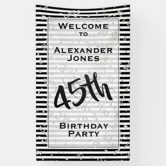 Any Age Birthday Party -黒/白のストライプ 横断幕 (縦)