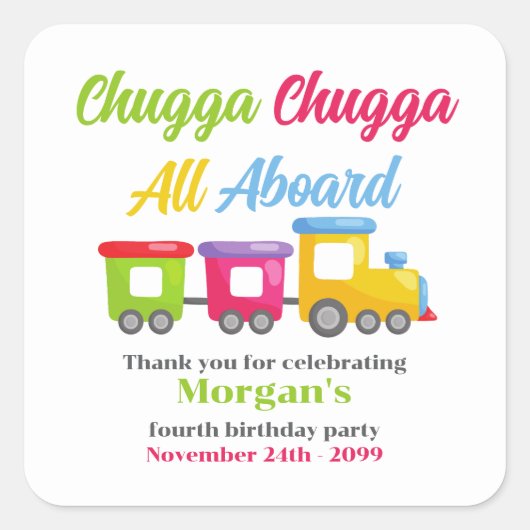 Any Age Birthday Party Chugga Choo カラフル Train スクエアシール (正面)