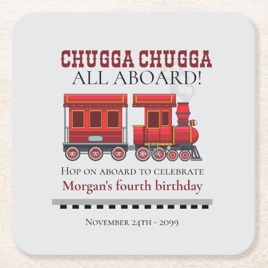 Any Age Birthday Party Cute Red Western Train スクエアペーパーコースター (正面)