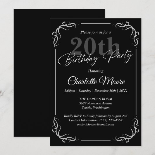 Any Age Black and White誕生日 モダン 招待状 (正面/裏面)