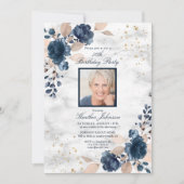 Any Age Blue金ゴールドフローラ大理石フォト誕生日 招待状 (正面)